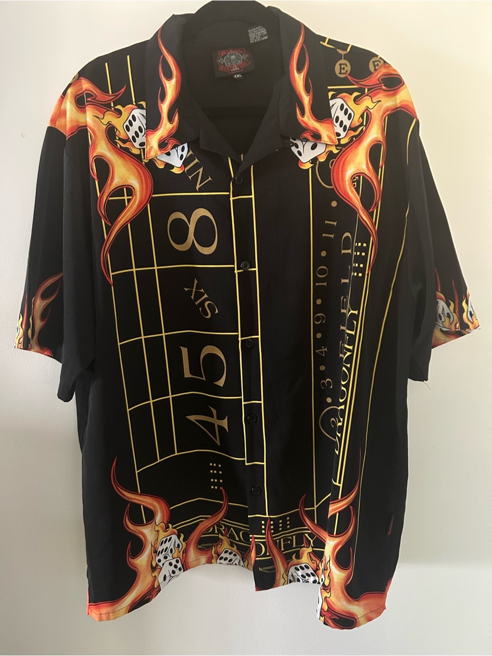 Dragonfly vintage Men's Black Casino Flame Print Short-Sleeve Button-Down Shirt